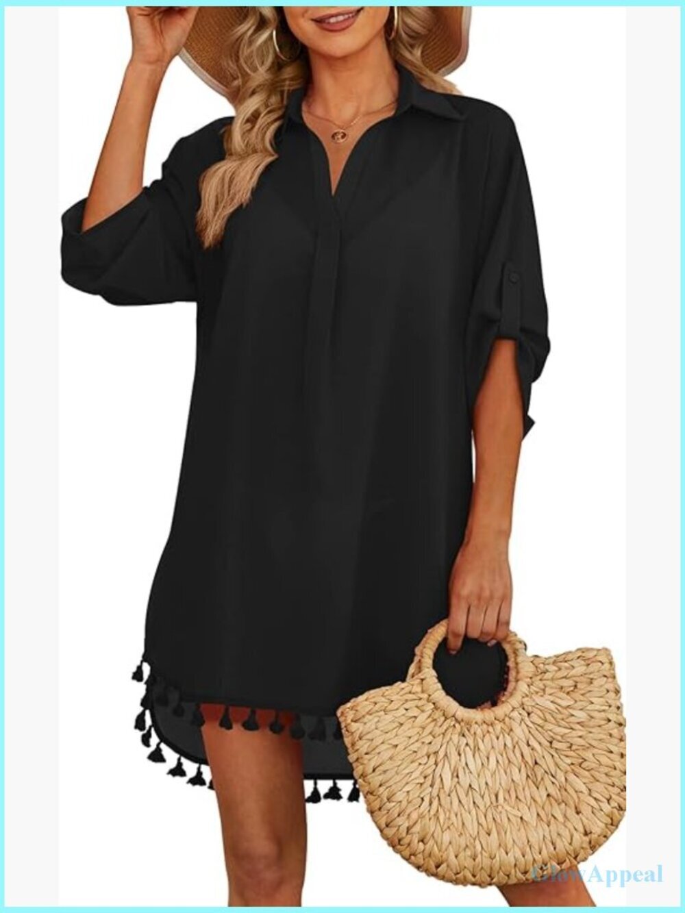 Polyester Swimsuit Cover Up Shirt with Tassel Details, V-Neck, Asymmetrical Hem